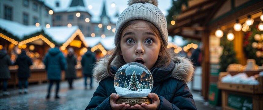 Surprised child girl holding a snow globe on a Christmas market background