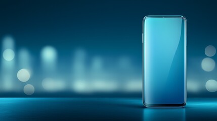 Sleek smartphone with vibrant blue screen stands upright on glossy blue surface against blurred backdrop of nighttime cityscape