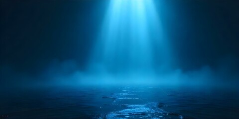 Blue volumetric light rays shining down onto a reflective surface , creating a misty atmosphere , dark background, dramatic lighting, and a sense of mystery 