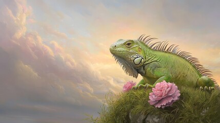 Green reptile an iguana with scaly skin and watchful eye rests in the wild tropical nature of the zoo