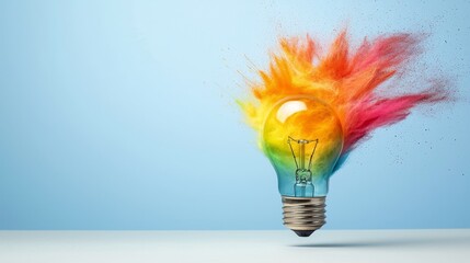 Vibrant explosion of colorful powder in shadesand pink erupts from clear light bulb against  light blue background symbolizing  burst of creativity or bright idea