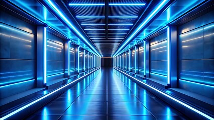 Fototapeta premium Futuristic modern corridor interior illuminated with bright blue led strip lighting 3d rendering