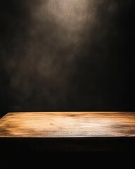 Rustic wooden table against dark smoky background studio shot for product display or food photography backdrop