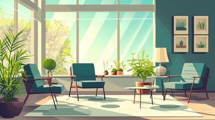 Fototapeta premium Bright living room with teal armchairs, potted plants, and large windows letting in sunlight.