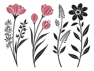 Set of trendy flower silhouette, floral symmetrical tattoo shape vector, plant symbols