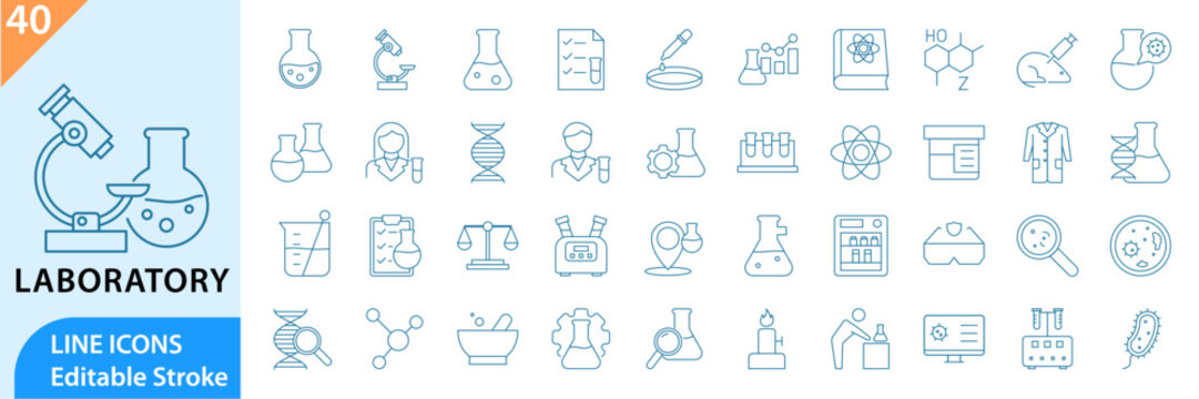 Laboratory icon set. Containing experiment, test tube, microscope, lab and more. Solid vector icons collection.