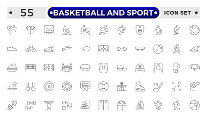 Basketball and Sport web icons outline style. Football, golf, gym, basketball, volleyball, bowling, chess, skiing, boxing, tennis, collection.