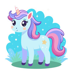 A cute unicorn with a rainbow mane and stars