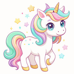 Naklejka premium A cute unicorn with a rainbow mane and stars