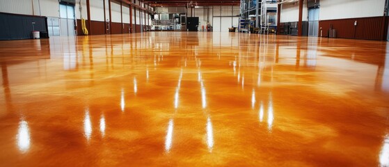 Industrial Warehouse Interior with Polished Concrete Floor Reflecting Light from Windows in a Large Empty Space