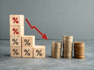Falling interest rates and economic decline concept with percentage blocks and decreasing coin stacks. coins and diagram