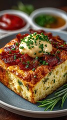 Savory baked dish topped with bacon and chives served with dipping sauces at a cozy dining setting