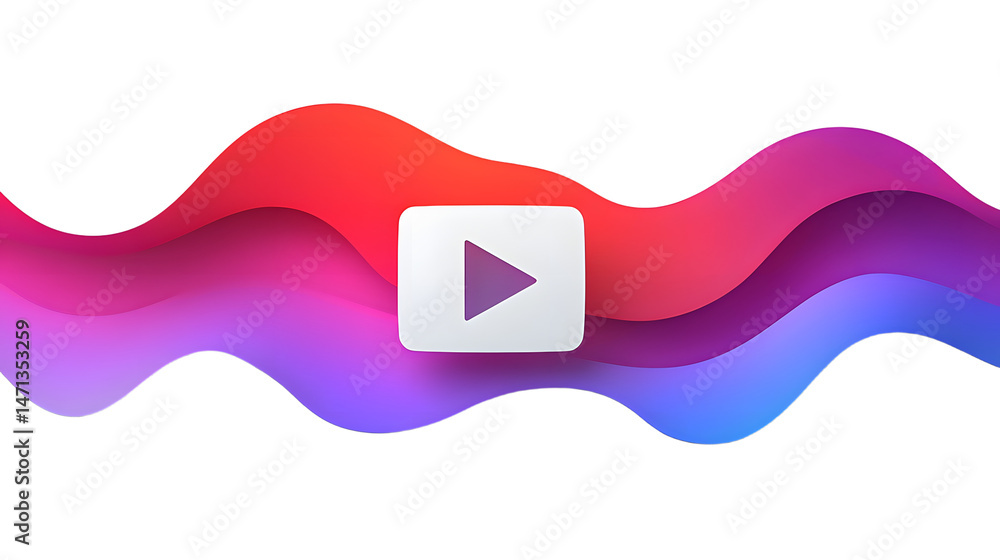 Poster dynamic colorful waves with play button symbolizing multimedia and digital interaction in modern des
