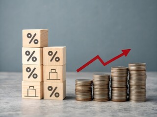 Rising interest rates and inflation concept with percentage blocks and coin stacks