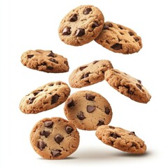 Chocolate chip cookies falling on white background studio shot overhead view food photography baked goods dessert sweet treat