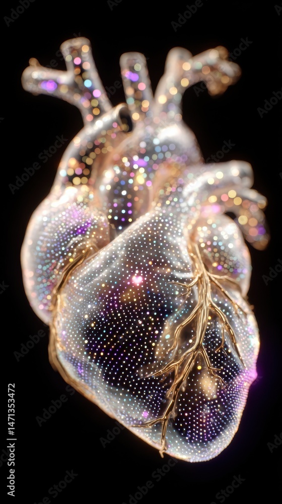 Poster colorful abstract representation of a heart with glowing details and intricate designs displayed on 