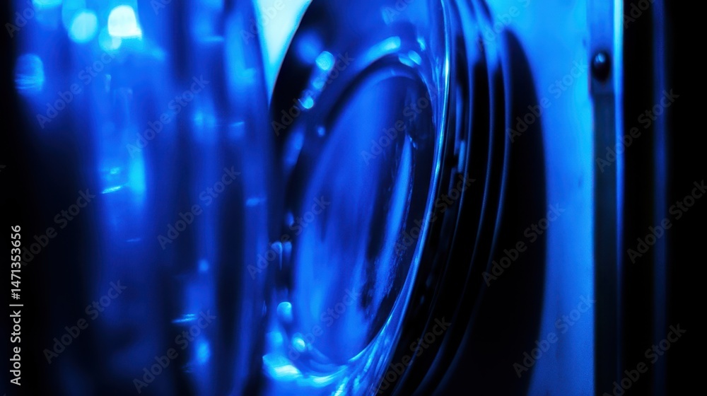 Poster close-up of blue computer fan with dark background and abstract lighting in a studio setting