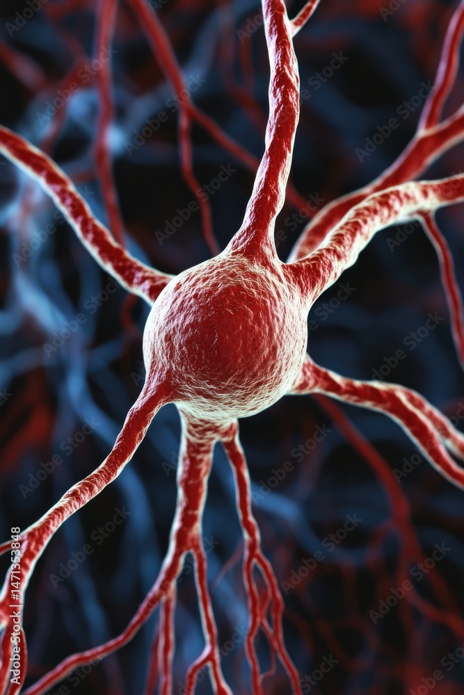 Poster neuron structure displaying intricate connections and vibrant coloring under a microscopic lens duri