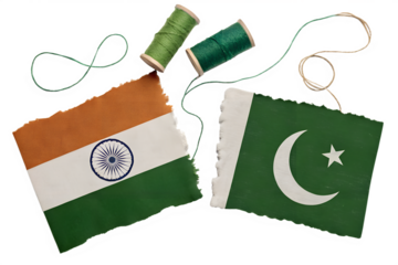Torn India and Pakistan flags with sewing threads symbolizing diplomacy, conflict, peacebuilding, and unity efforts between nations in geopolitical, cultural, and historical contexts.
