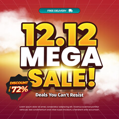 12.12 Mega Shopping day Sale discount deals Editable text with Deep maroon red gradient Marketing Promotion banner template