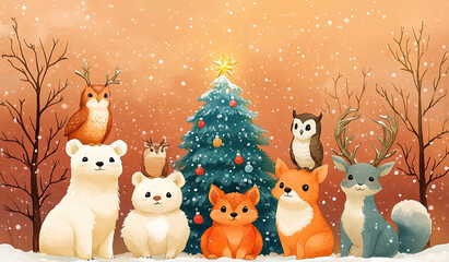 Stacked Forest Animals Forming a Whimsical Christmas Tree Shape