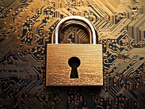 Golden Padlock Securing Circuit Board Close Up Shot Represents Cyber Security Data Protection Technology - Powered by Adobe