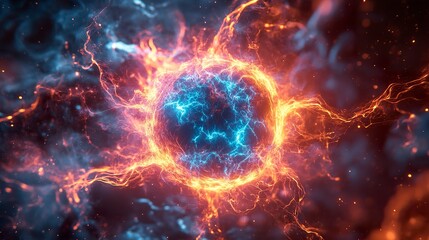 Sci-fi cosmic event with a glowing dark sphere radiating electric storms and colorful plasma  