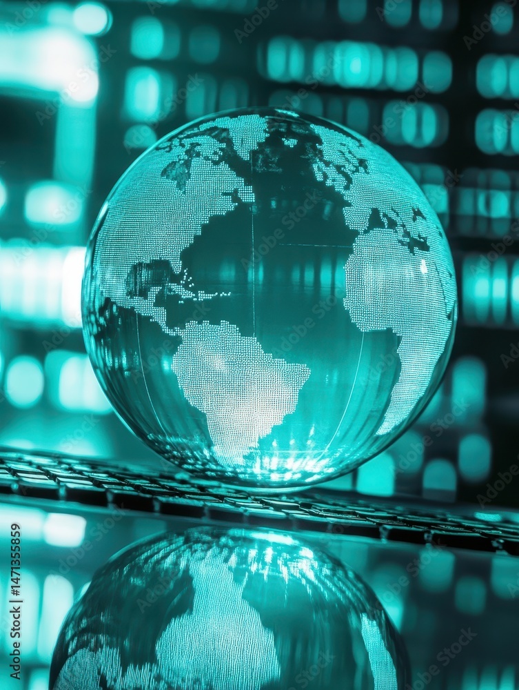 Aufkleber globe on keyboard close up abstract teal tones reflecting digital world data communication technolog