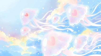 Obraz premium The pastel background is drawn with jellyfish swimming in the sky, giving it a dreamy feel.