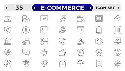 Shopping outline icon Set. Vibrant and engaging icons for enhancing e-commerce platforms, perfect for product listings, cart management, checkout processes to elevate the online shopping experience.