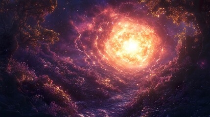 Fototapeta premium Sci-fi explosion in space resembling a supernova surrounded by dreamlike vegetation 