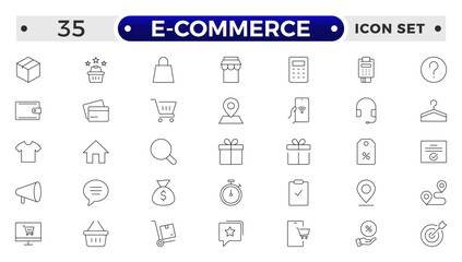 Shopping outline icon Set. Vibrant and engaging icons for enhancing e-commerce platforms, perfect for product listings, cart management, checkout processes to elevate the online shopping experience.