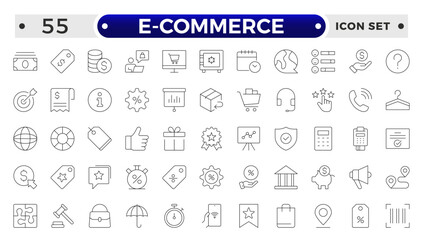 Shopping outline icon Set. Vibrant and engaging icons for enhancing e-commerce platforms, perfect for product listings, cart management, checkout processes to elevate the online shopping experience.