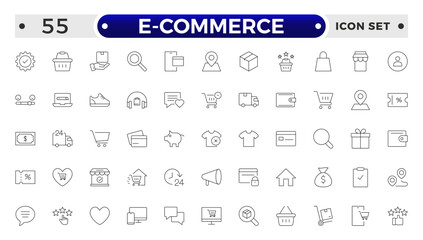 Shopping outline icon Set. Vibrant and engaging icons for enhancing e-commerce platforms, perfect for product listings, cart management, checkout processes to elevate the online shopping experience.