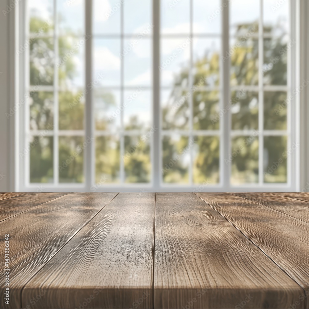 Poster rustic wooden table top surface angled view with blurred window and green trees background in bright