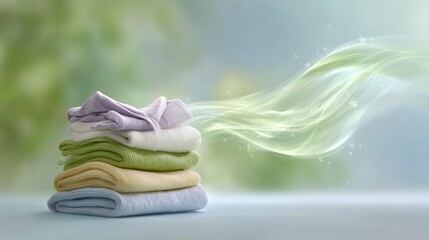 Freshly folded laundry emits gentle freshness in a serene setting with soft colors and light