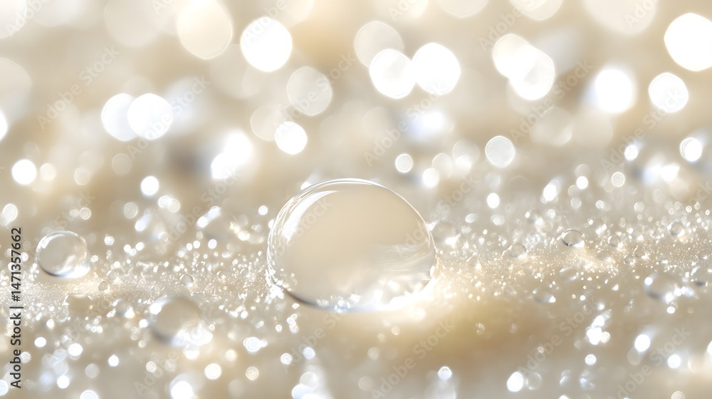 Poster macro shot of water droplets on a golden surface creating a bokeh effect background