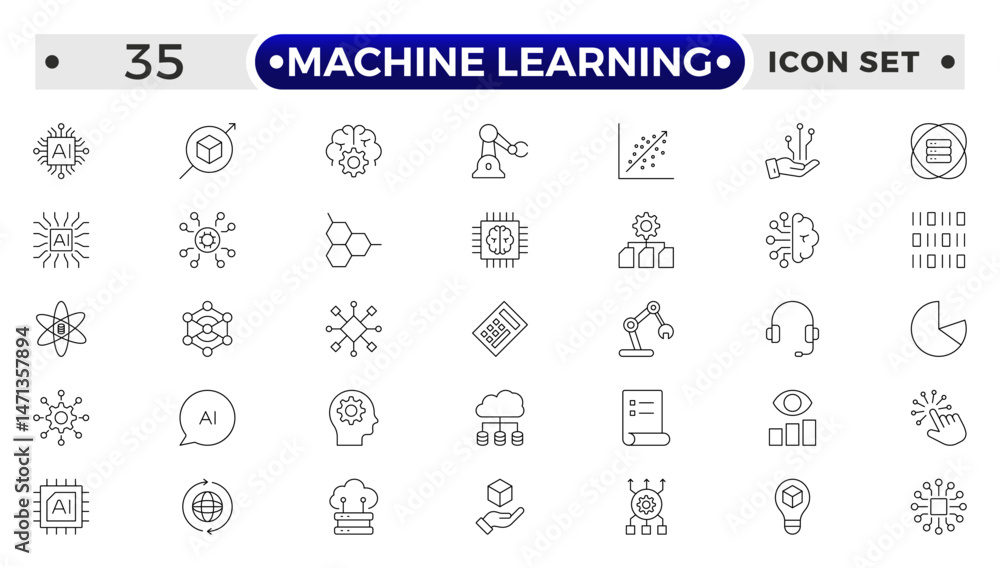 Fototapete Machine Learning outline icon. AI technology icons for web and mobile app. Machine learning, digital AI technology, algorithm, smart robotic, cloud computing network.
