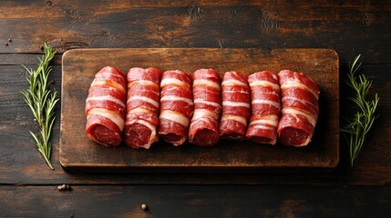 Raw meat rolls arranged on a wooden board.