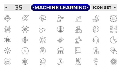 Machine Learning outline icon. AI technology icons for web and mobile app. Machine learning, digital AI technology, algorithm, smart robotic, cloud computing network.