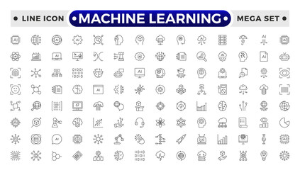 Machine Learning outline icon. AI technology icons for web and mobile app. Machine learning, digital AI technology, algorithm, smart robotic, cloud computing network.