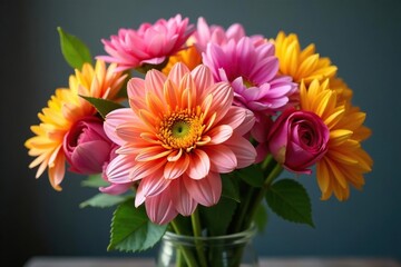 Vibrant bouquet of mixed flowers in a vase, close-up , sunflowers, tulips, summer