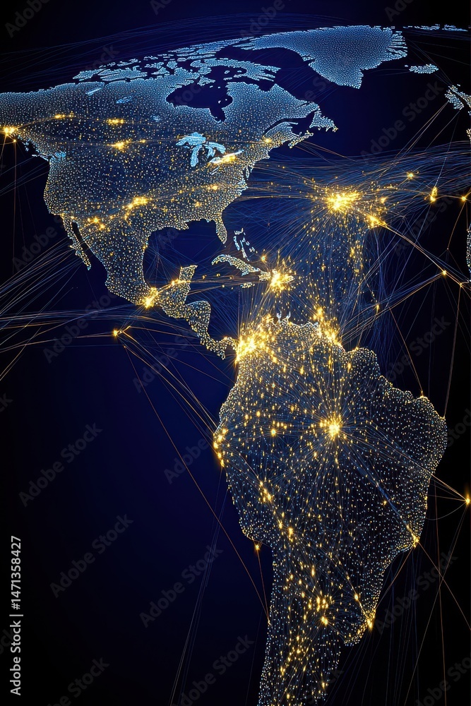Poster americas continent network connectivity view from space with glowing nodes and lines on dark backgro