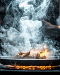 Sizzling chicken cooking in a pan with flames and smoke close up shot of food preparation at a restaurant
