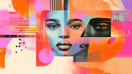 Abstract face portrait, vibrant colors, geometric shapes, modern art, two women's faces combined.