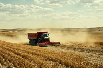 Obraz premium Tractor Harvesting Wheat Crop in Golden Field Dust and Haze Wide Angle Shot Agricultural Landscape Rural Scene Farm Equipment Agriculture Industry