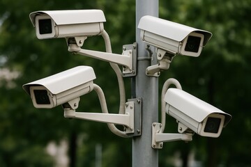 Surveillance cameras monitor security.