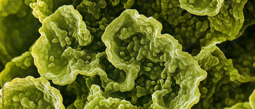Poster microscopic green algae bloom close up view showing cellular detail and texture in a laboratory sett