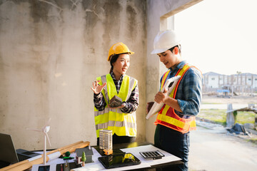 Architects and engineers collaborate at a desk with blueprints and solar panels, planning...
