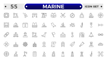 Marine outline icon set .line icons related to marine, port, ship, boat, harbor, crane, pier, wharf, logistic, captain, shipyard.